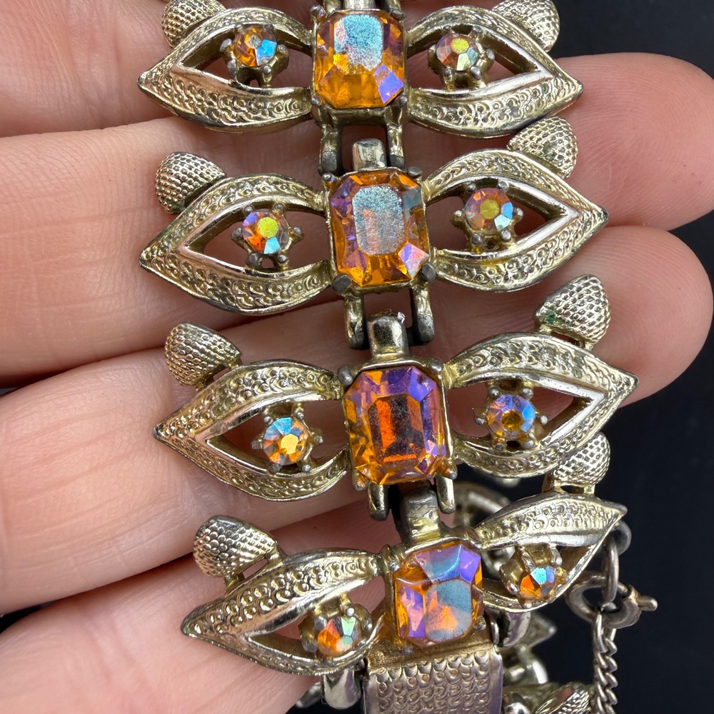 Vintage Coro Bracelet Orange Aurora‎ Borealis Gold Tone Crystals Women 7.5in